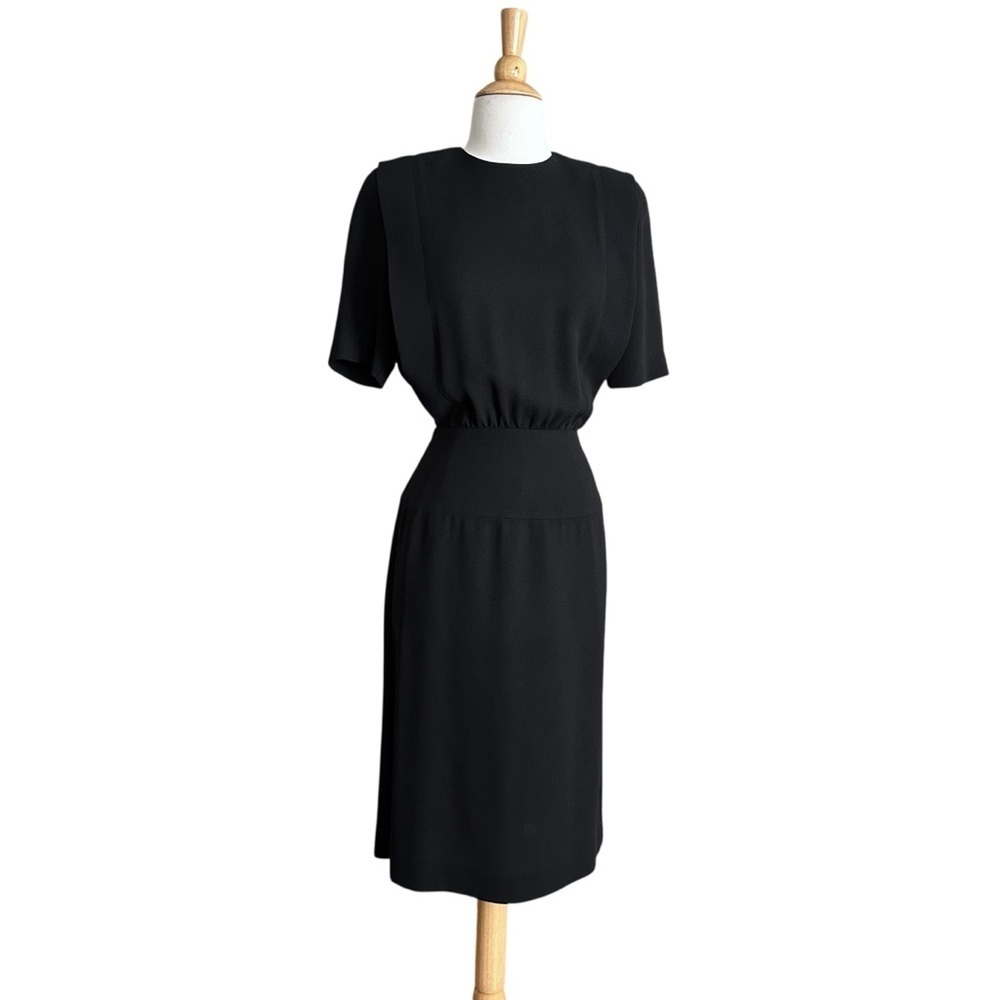 ALBERT NIPON Vintage 80s Black Career Pencil Dress Button Back Feminine Size 4